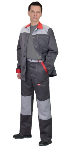Костюм СИРИУС-АСПЕКТ куртка длин., брюки, темно-серый со светло-серым и красной отделкой фото 1